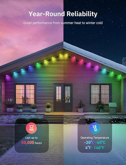 Permanent Outdoor Lights Pro, Smart LED Christmas Eaves Light 50ft with 25 IC+RGBCW LED Lights for House, IP67 Waterproof, for Halloween Xmas Decor, APP/Remote Control