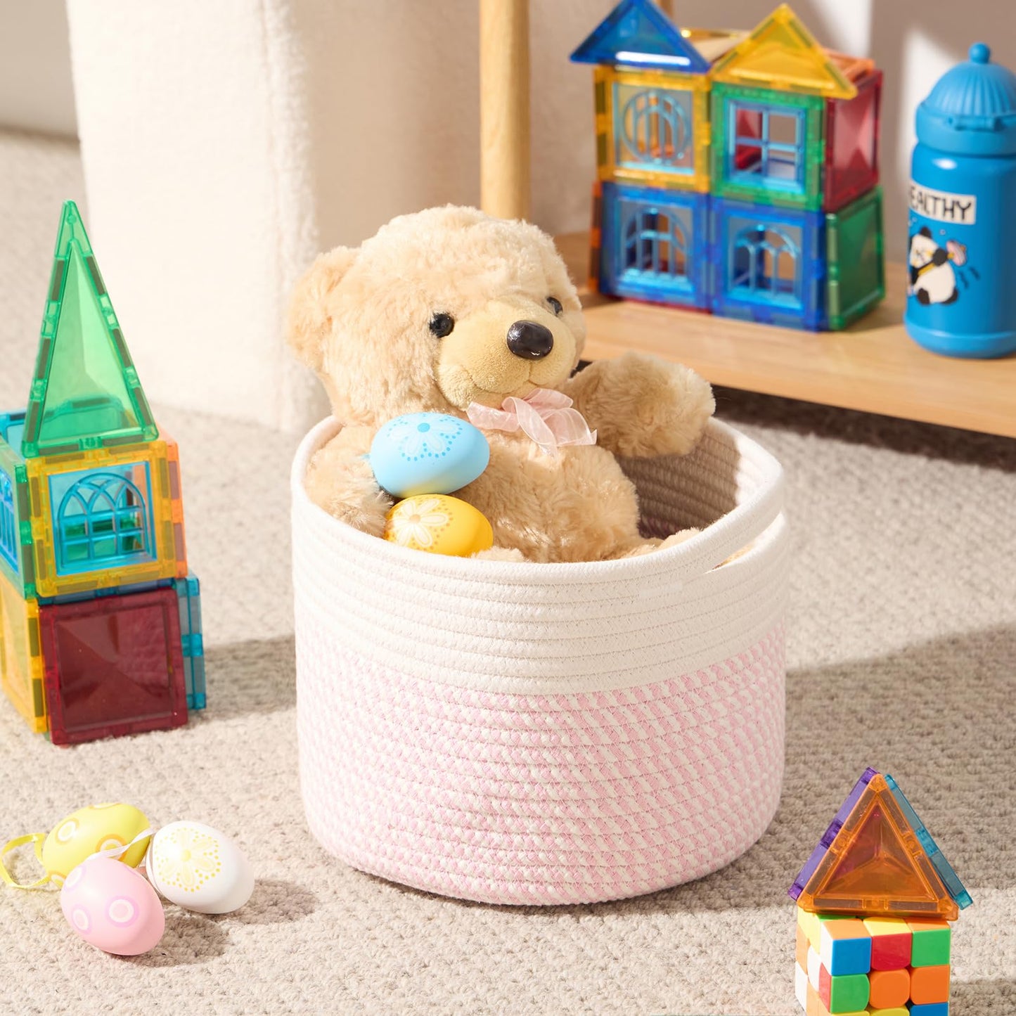 MiniArk Small Basket for Organizing | Cube Shelf Closet Storage Baskets | 9.7×9.7×7.1” | Woven Rope Gift Basket | Nursery | Round 3 Packs Pink