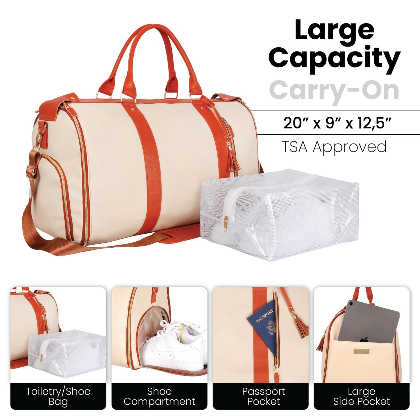 Luhxe Travel Convertible Carry On Garment Roller Bag 2.0 with Shoe Pouch & Detachable Shoulder Strap – Improved Zipper and reinforced straps - Snow