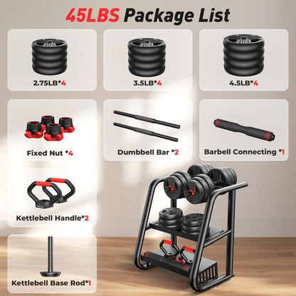 Adjustable dumbbell set,20/35/45/55/70/90lbs Free Weights set with upgraded nut, 5 in 1 Weight Set Used as Kettlebells, Barbell, Push up Stand, Fitness Exercise for Home Gym Suitable Men/Women