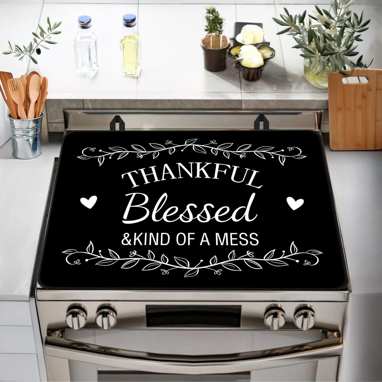 Funny Stove Top Cover for Electric Stove, Black Range Covers, Thanksgiving Range Top Mats, Thankful Blessed Cooktop Cover 28x20 inch, Glass Cooktop Covers for Kitchen Holiday Home Decor