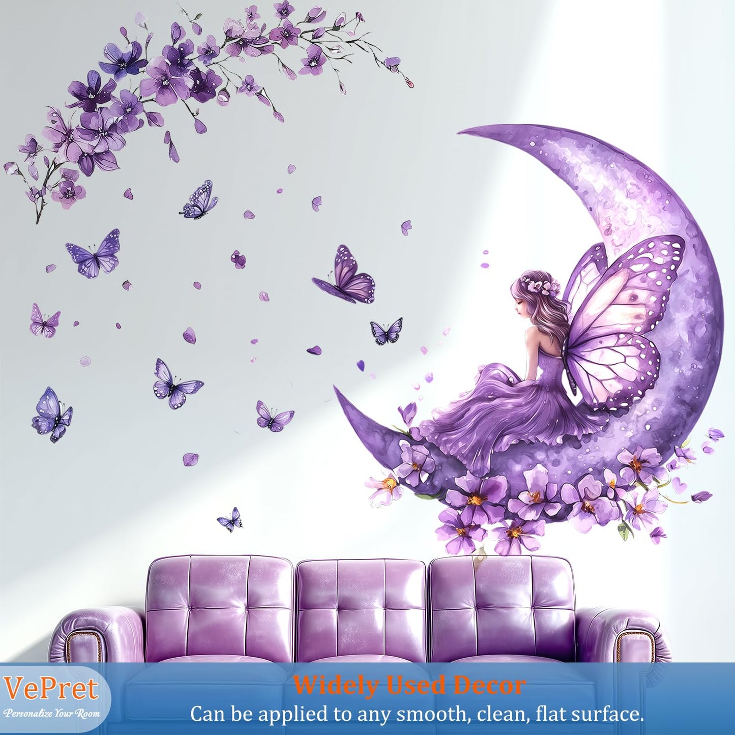 VePret Purple Fairy Wall Decals Peel and Stick, Butterflies Moon Flowers Wall Stickers, Removable Vinyl Home Decor Art for Girls Bedroom Baby Nursery Daycare