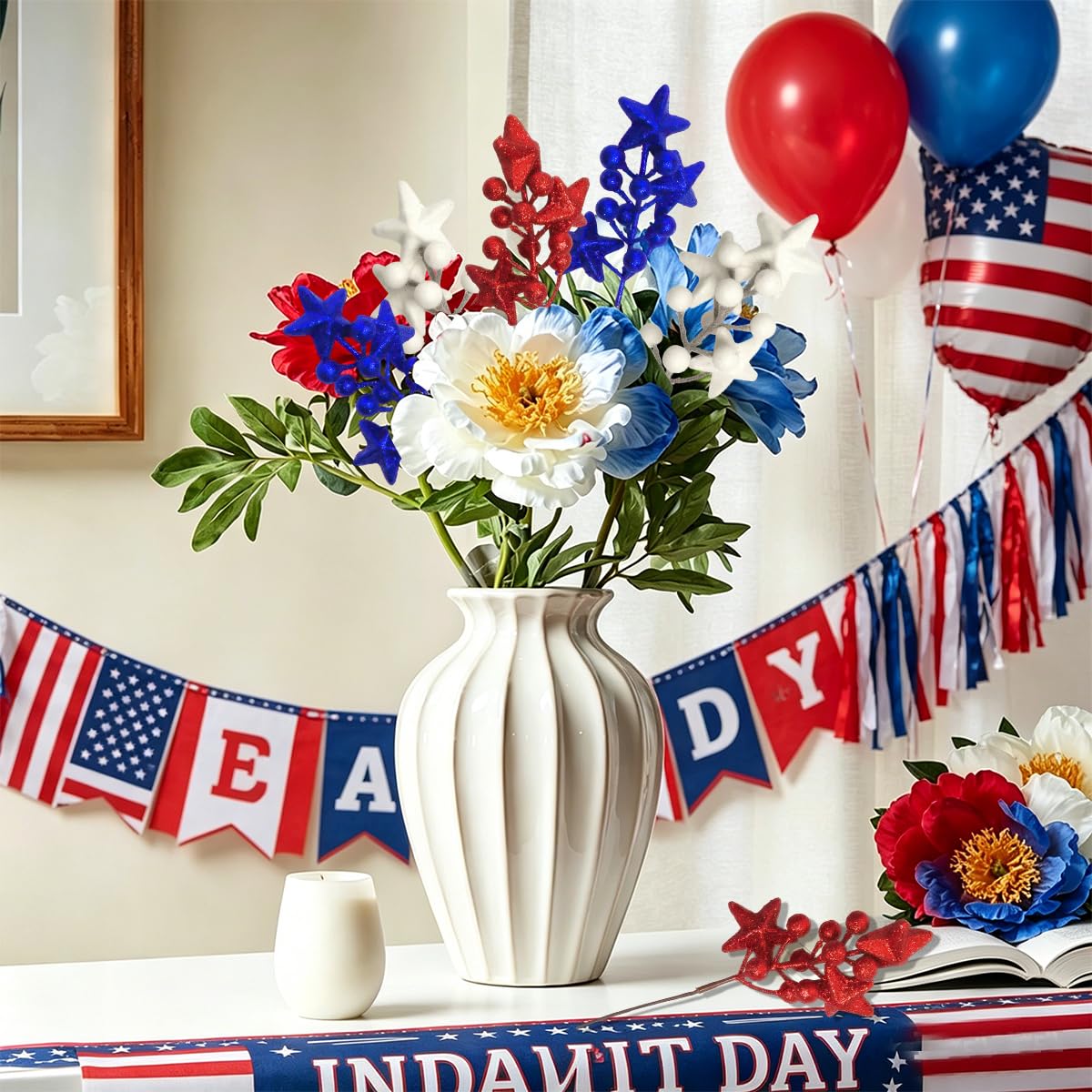 BASEMMAHER 6 Pcs Patriotic Glitter Puffy Star Berry Picks Foam Sparkly Sticks 4th of July Artificial Red White Blue Faux Berry Flower Branches for Independence Day Party Table Centerpieces Vase Decor