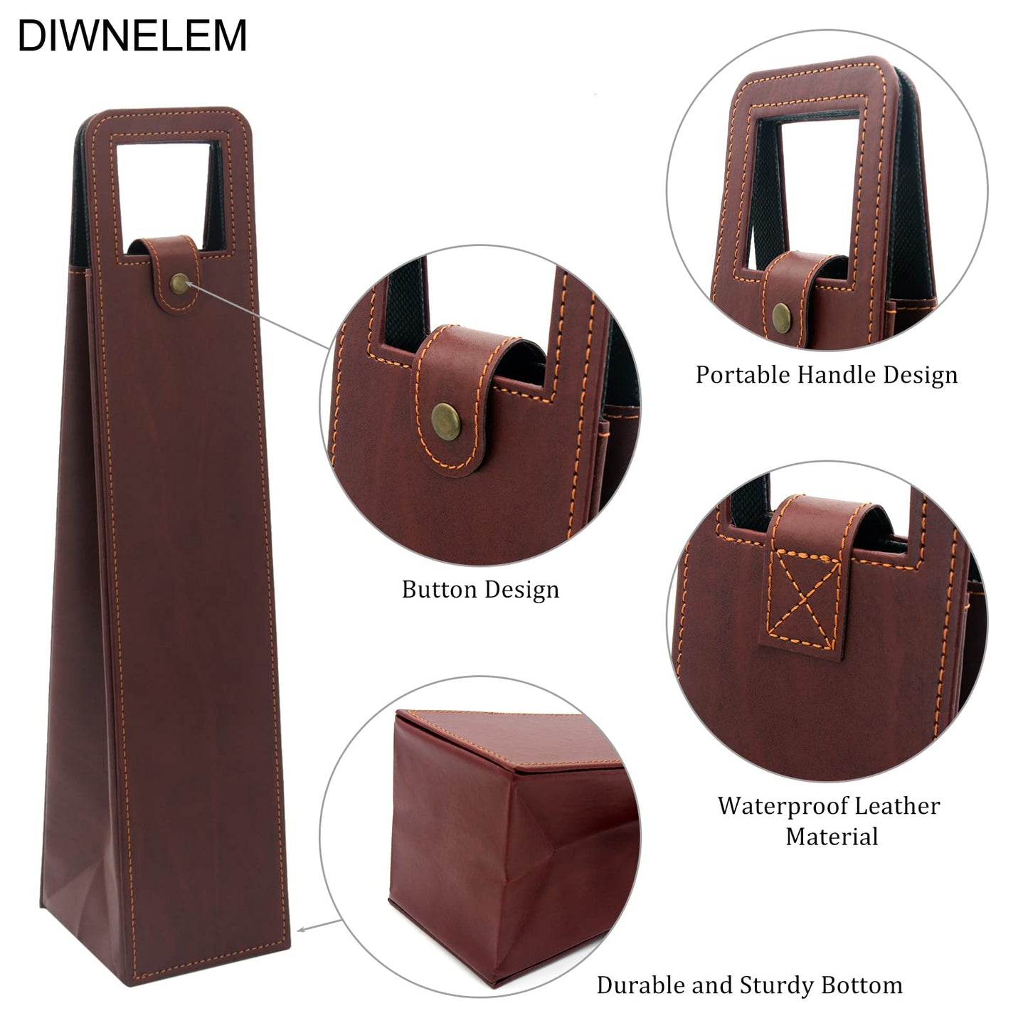 DIWNELEM 2 Pack Leather Wine Bag - Gift Bags for Wine, Champagne, Beer Bottles - Tote Carrier for Travel, Parties - Brown