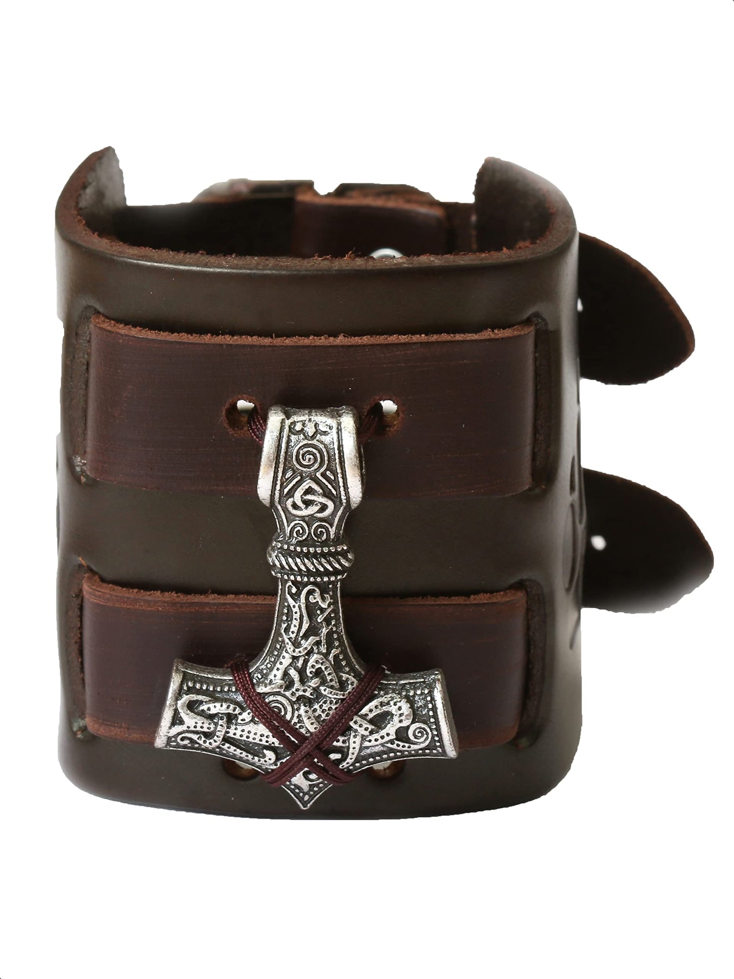 HAQUIL Viking Bracelet for Men, Viking Mjolnir Pendant, Nordic Brown Wide Leather Wristband, NorseJewelry Men