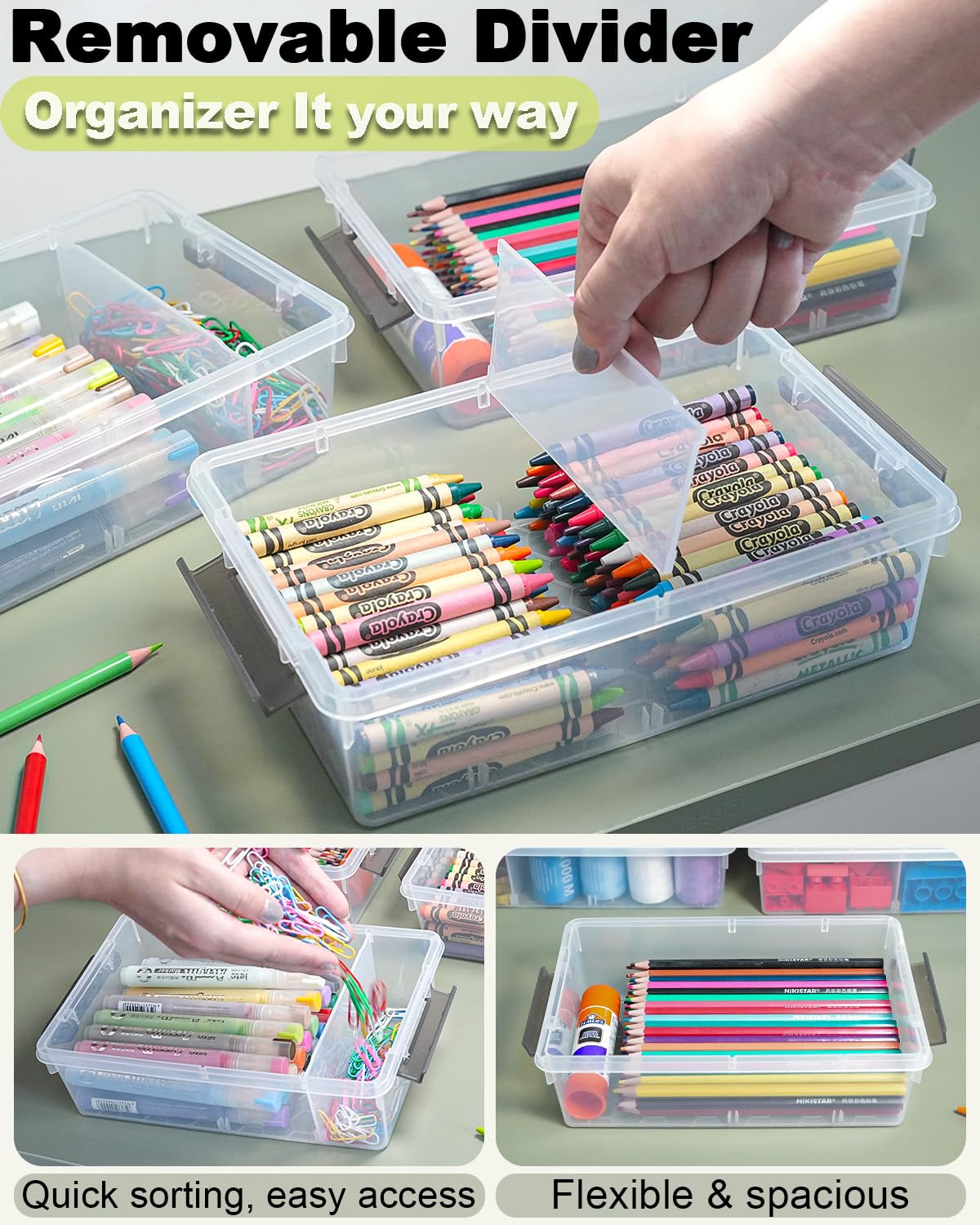 GEOPHIA 6 Pack Extra Large Pencil Box with Removable Divider, Thickened Pencil Case Bulk, Clear Crayon Marker Organizer Stackable Plastic Small Storage Containers for Pen Craft School Supplies(Grey)