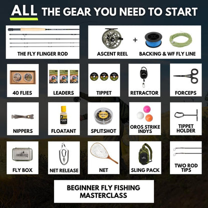 Ventures Fly Co. | Weekend Warrior Starter Package | 23 Fly Fishing Accessories Complete Combo | Includes Rod, Reel, Line, Flies, Leader, Tippet, Forceps, Nipper, Net, Sling Pack, and More!