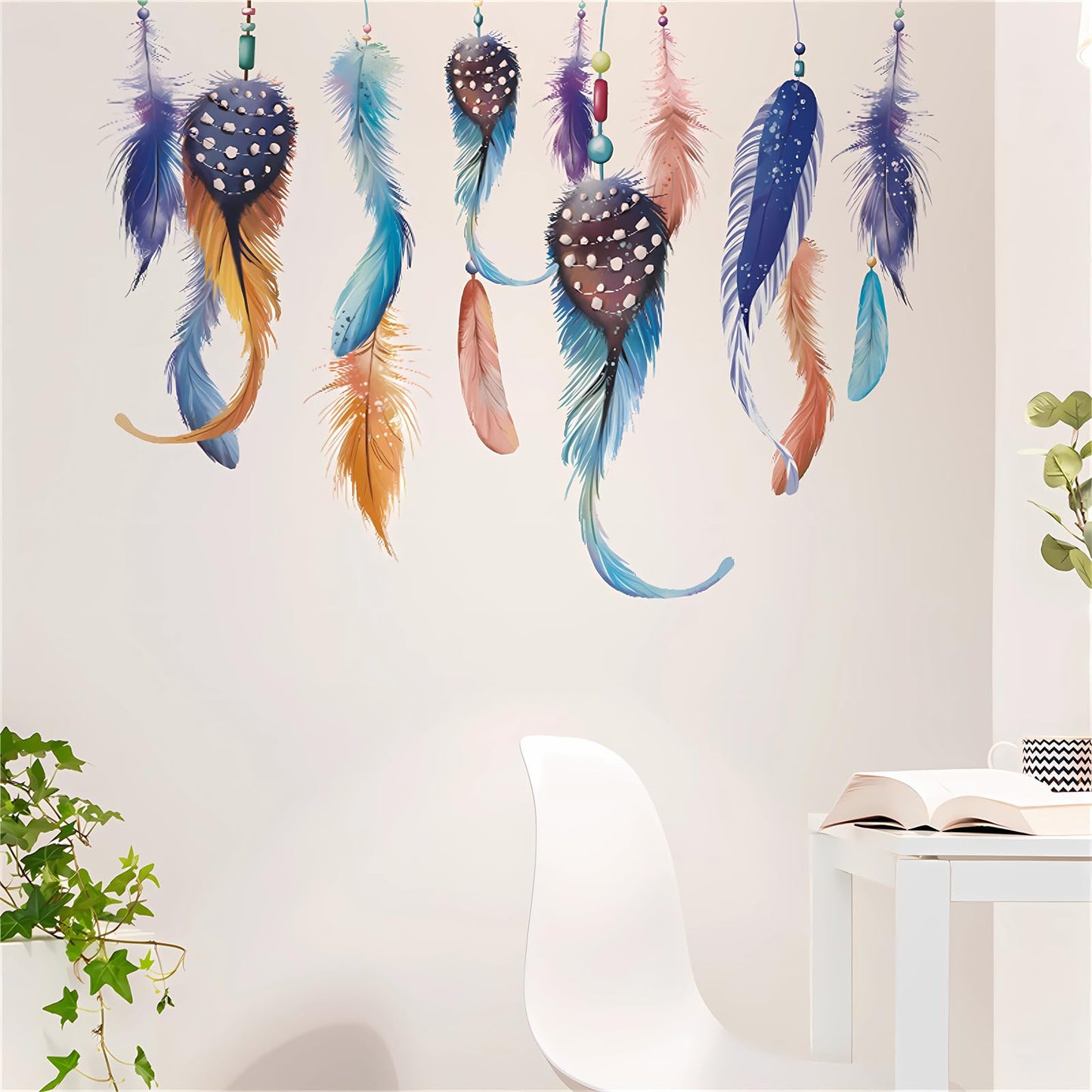 Hanging Dream Feather Wall Stickers, sacinora Plume Wall Decals Removable Vinyl Peel and Stick for Living Room Bedroom Children's Room Sofa TV Background Art Decorations