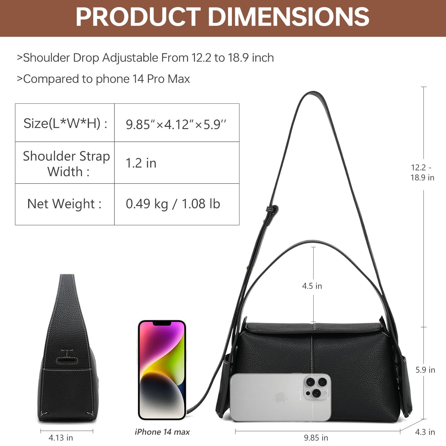 Goinsound Trendy Shoulder Purses Medium Black Handbags For Women Leather Crossbody Bag With Adjustable Strap