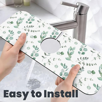 Watercolor Sage Green Grass Leaves Kitchen Sink Splash Guard Faucet Mat Super