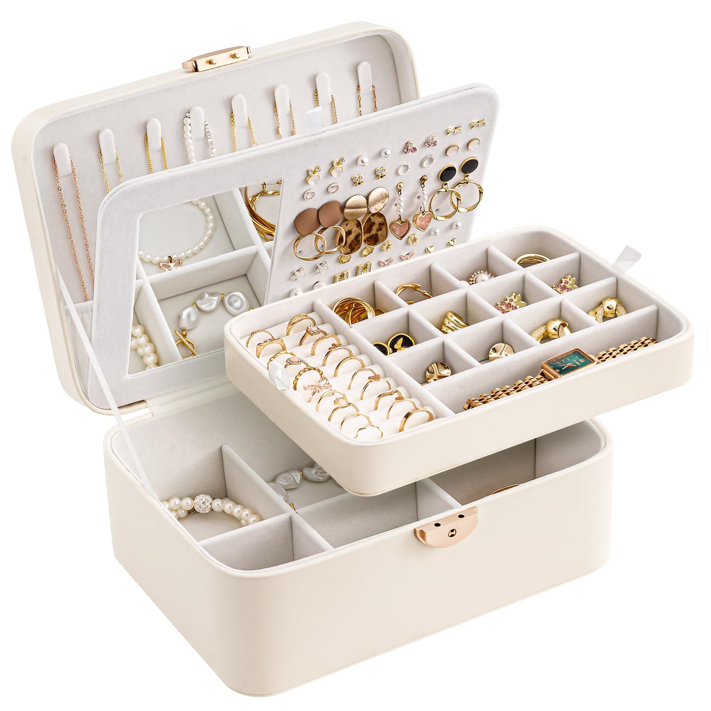 Lolalet 2 Layer Jewelry Box with Lock and Key for Teen Girls & Young Women, Jewelry Organizer Case with Round Clasp and Mirror for Earrings Rings Necklaces Storage, Gift Idea -Cloud White