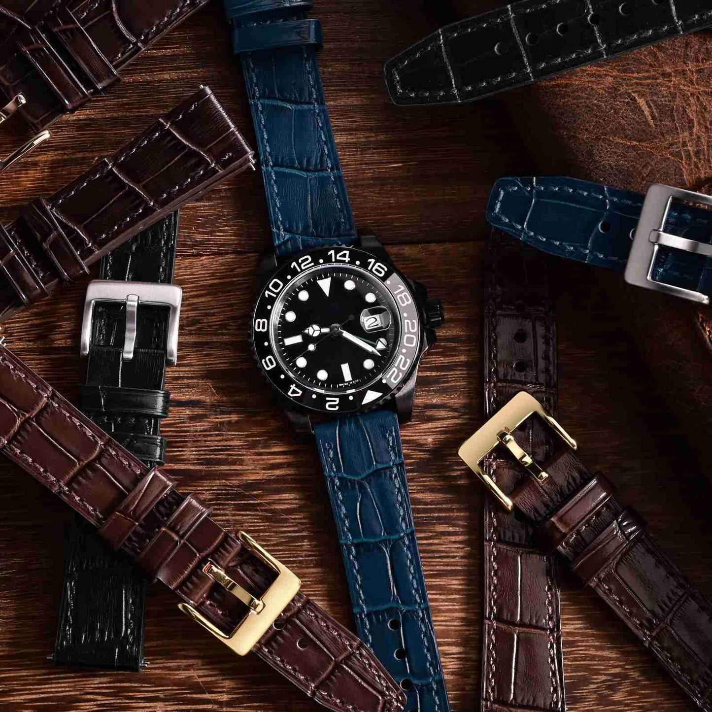 ANBEER 18mm Italian Alligator Grain Embossed Pattern Leather Watch Strap,Quick Release Calfskin Replacement Watch Band for Men Women,Dark Blue with Gold Buckle