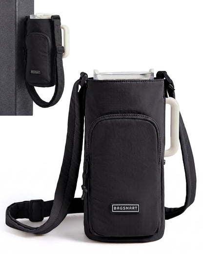 BAGSMART 40oz Magnetic Water Bottle Holder with Strap, Drink Carrier Bag Crossbody Gym Bag, Gym Accessories for Women/Men, Black