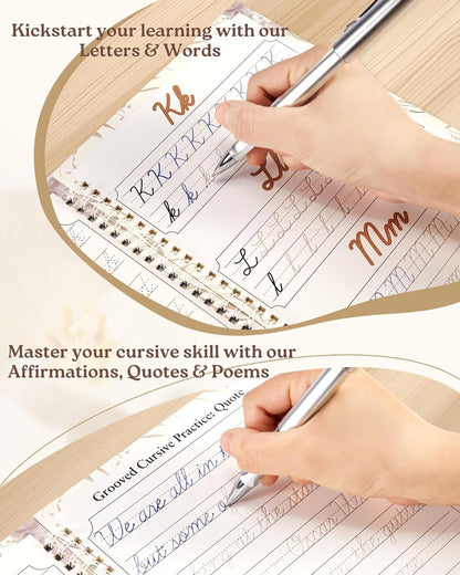 UNCLE EJ® Grooved Cursive Handwriting Workbook Kit - Reusable Cursive Workbook for Kids 8-12 and Adults, Magic Grooved Handwriting Practice, Letters Words Poetry & Affirmations, Cursive Charm, 9.8"x7"