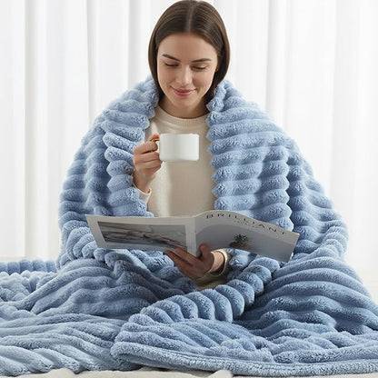 decorUhome Soft Fleece Blue Grey Blanket Queen Size for Bed, Cozy Fluffy Plush Flannel Large Striped Throws for Couch Sofa, Lightweight Decorative Fuzzy Blanket for Woman, 90x90 Inches