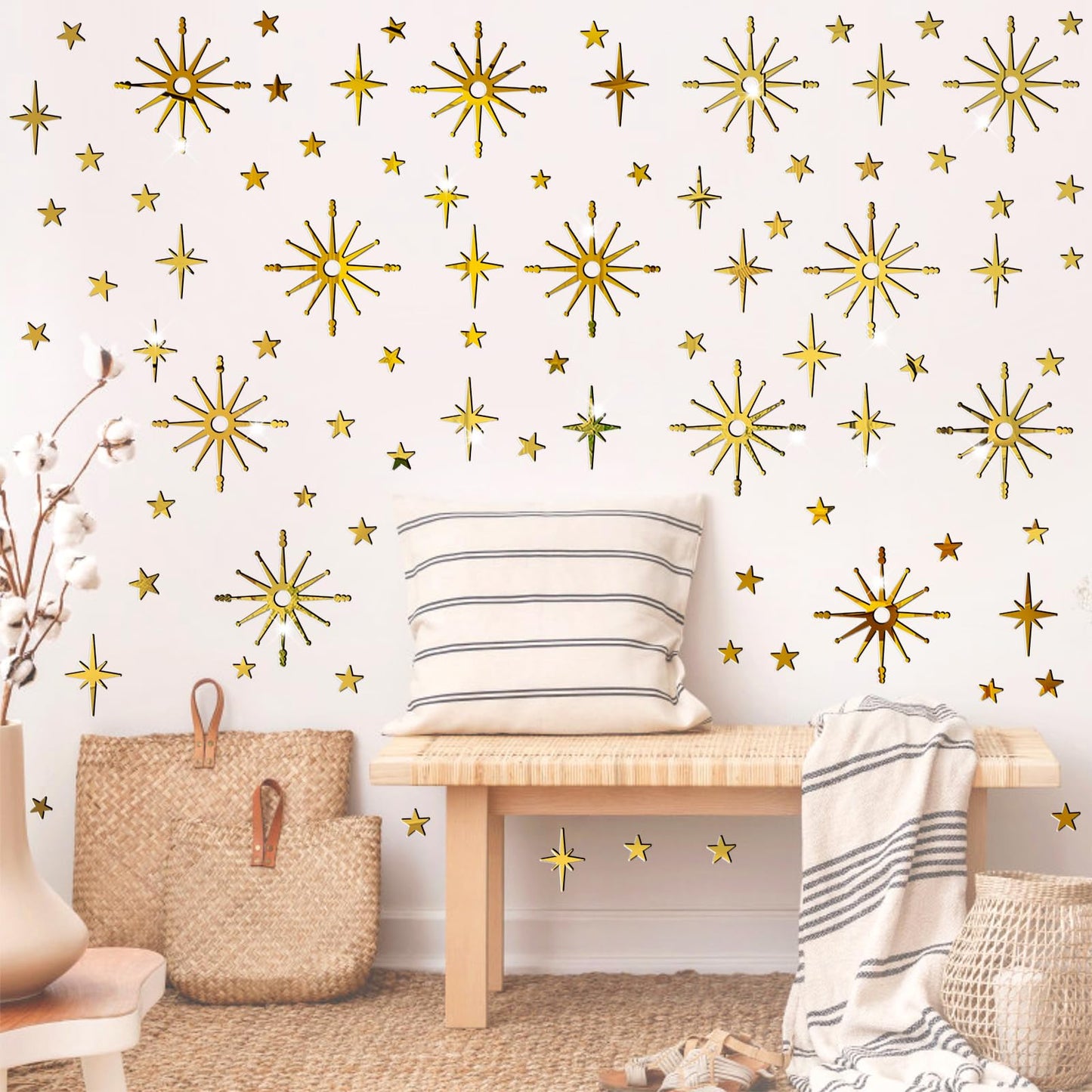 Star Wall Decals Gold Stars Stickers Ceiling Decor Removable Acrylic Mirror Decal Peel and Stick Sparkle Sticker for Wall 3D Midcentury Mirror Art Murals for Bedroom Living Room Nursery Decorations
