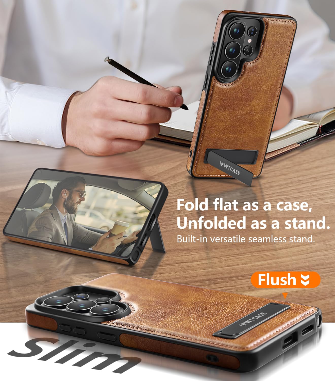 WTCASE Strong Magnetic for Samsung Galaxy S26 Ultra Leather Case with Stand,[Compatible with MagSafe], Slim Adjustable Kickstand Phone Cover (Brown, S26 Ultra)