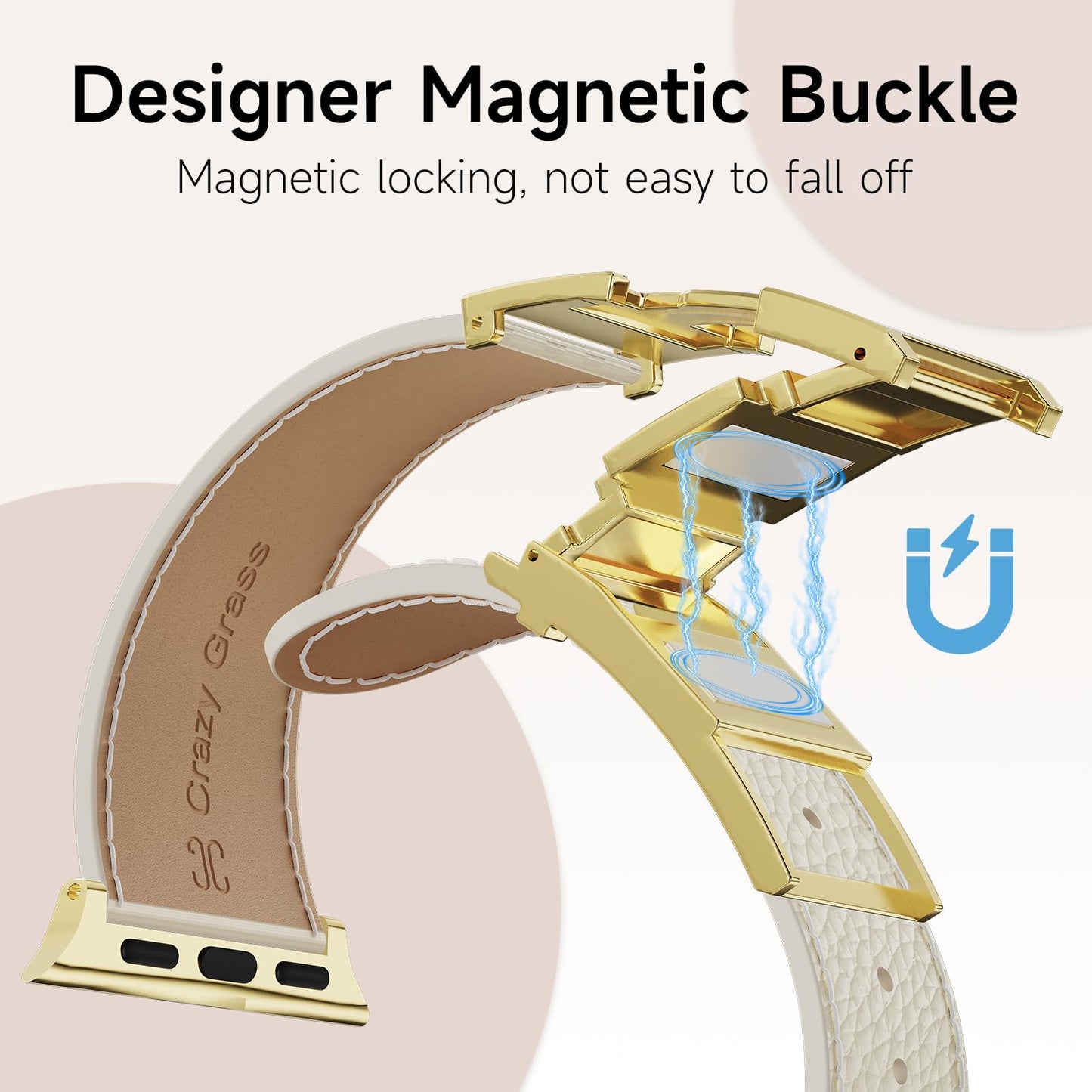 Leather Band Compatible with Apple Watch BandUltra 2 1 Series 10/9/8/7/6/5/4/SE,H-Shaped Buckle strap for iWatch 38/40/41/42/44/45/46/49mm Women Men (White Band + Gold H Buckle, 38mm 40mm 41mm 42mm)