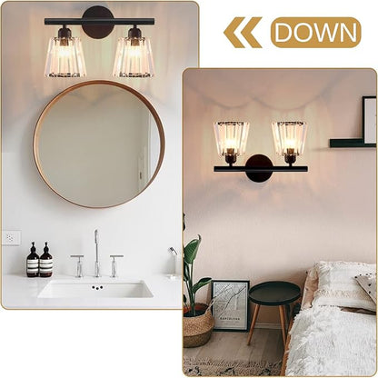 TISLYCO 2 Lights Sconces Wall Decor, Modern Vanity Light Fixture Over Mirror, Black Crystal Wall Sconce for Hallway Entryway Restroom, 2 Lights Bathroom sconces