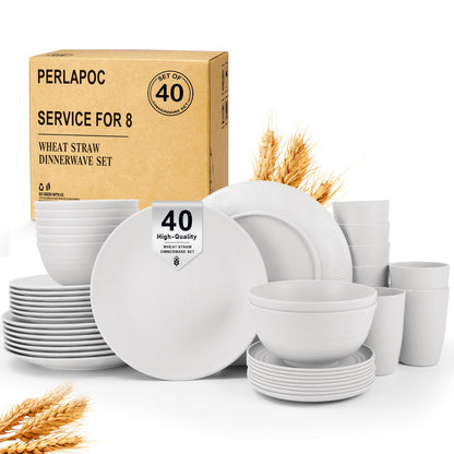 Wheat Straw Dinnerware Set 40-Piece Service for 8 Unbreakable Dishes Set Plates and Bowls Sets Drinking Glasses Microwave Safe Dish Set Lightweight Dinnerware Set for Home & Kitchen - Yellow