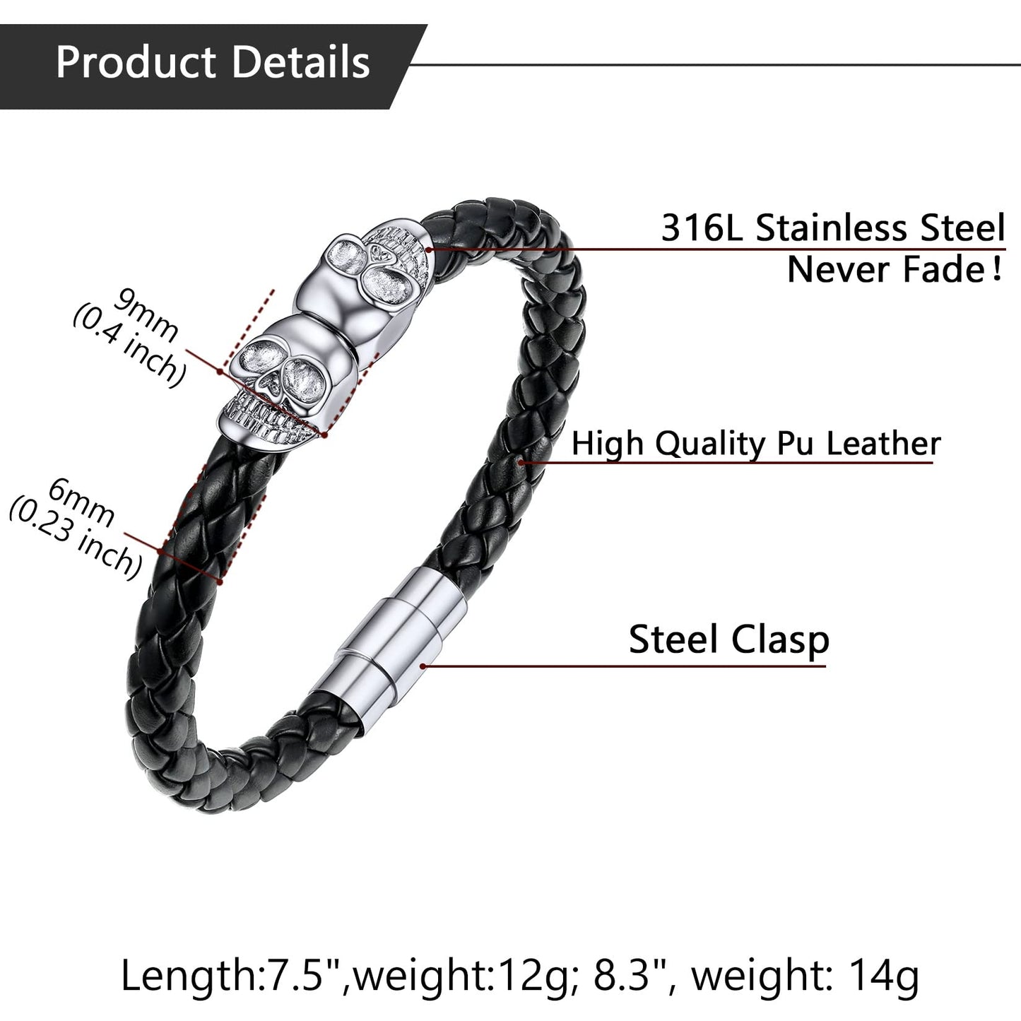U7 Personalized Skull Bracelets Men Biker Surfer Bracelet Bangle with Stainless Steel Clasp, Braided Black Leather Gothic Twin Skeleton Cuff Bracelet (8.3")