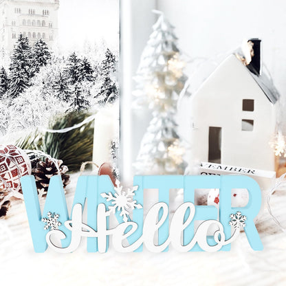 COCHIE Wooden Hello Winter Sign, Holidays Snowflake Decorations for Home, Office, Shelf, Mantel, Indoor, Wood White Snowflake Decor, Blue Table Top Party Supplies Decoration (Winter)