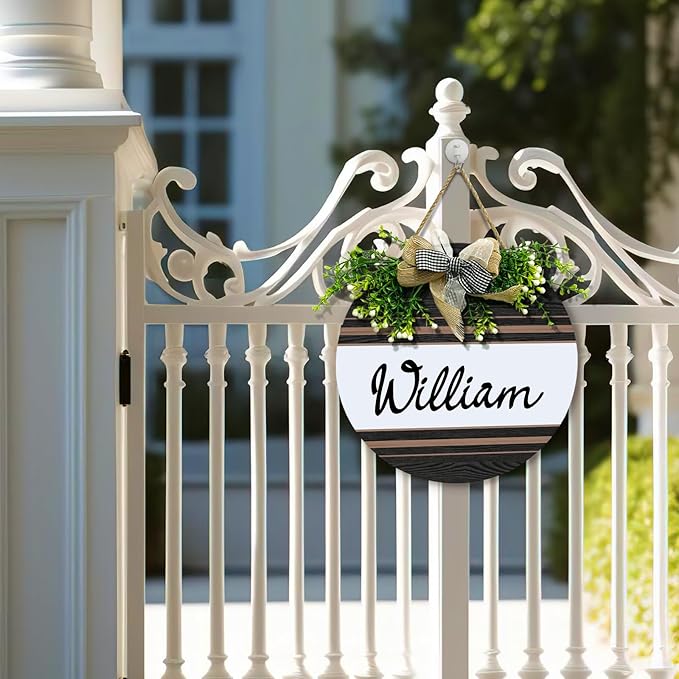 Personalized Front Door Signs with Wreath Custom Rustic Family Name Round Wooden Sign with Bow Welcome Farmhouse Customized Hello Door Hanging Sign for Home Wall Outdoor Indoor 12x12 Inch
