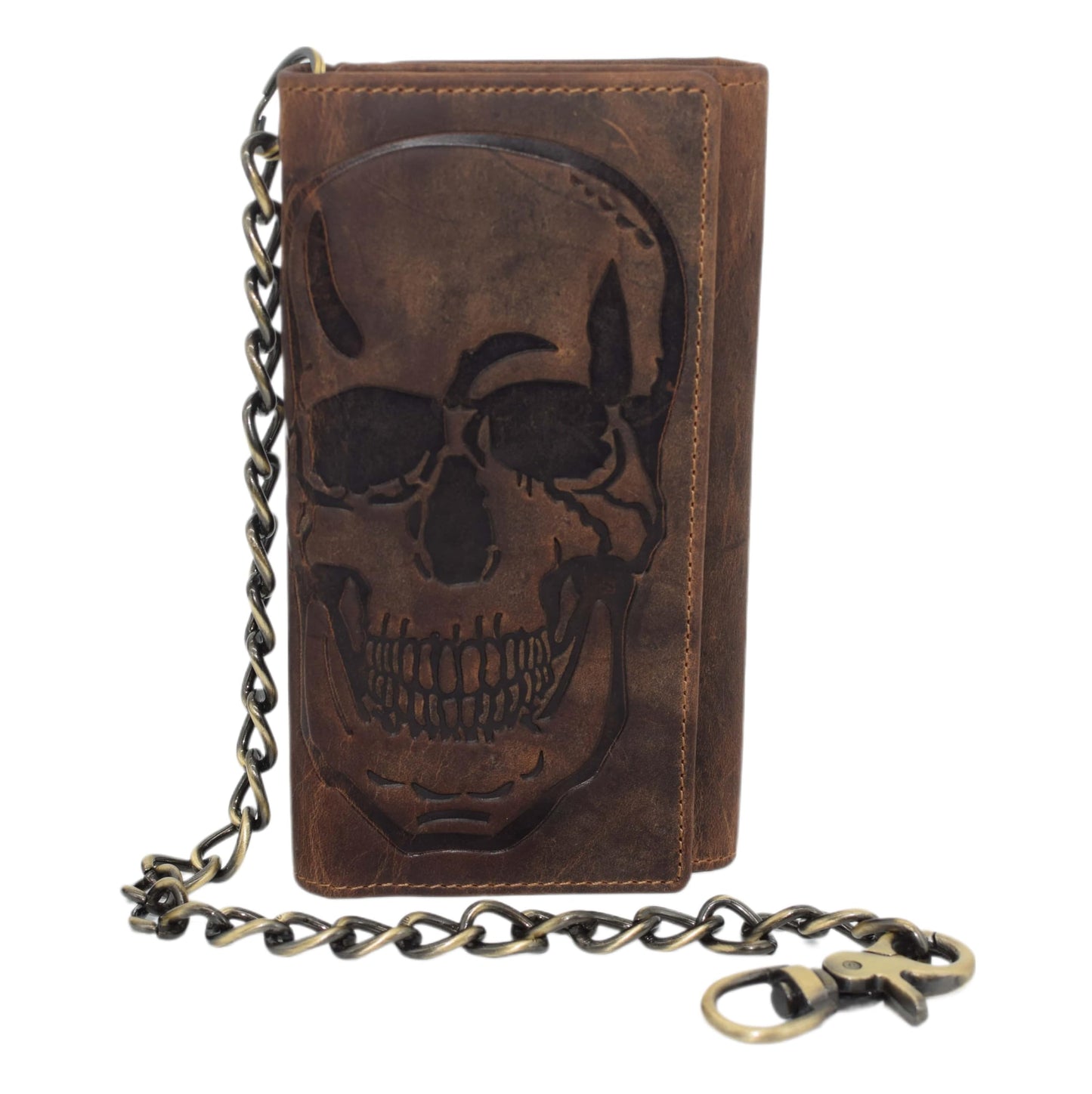 CAZORO Biker Skull Chain Wallet RFID Signal Blocking Men's Vintage Leather Long Tri-fold Chain Checkbook Card ID Wallet (Skull Brown)