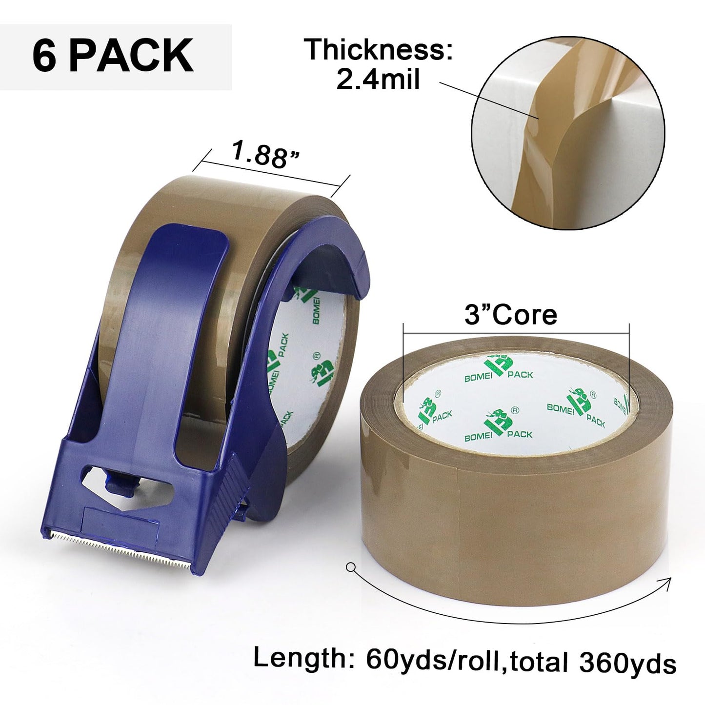 BOMEI PACK 6 Rolls Silent Brown Packing Tape, 1.88" x 60 yds,Heavy Duty Packaging Carton Tape for Shipping Packaing Moving Sealing, 2.4mil Thickness, 60 Yards Per Roll with Blue Dispenser