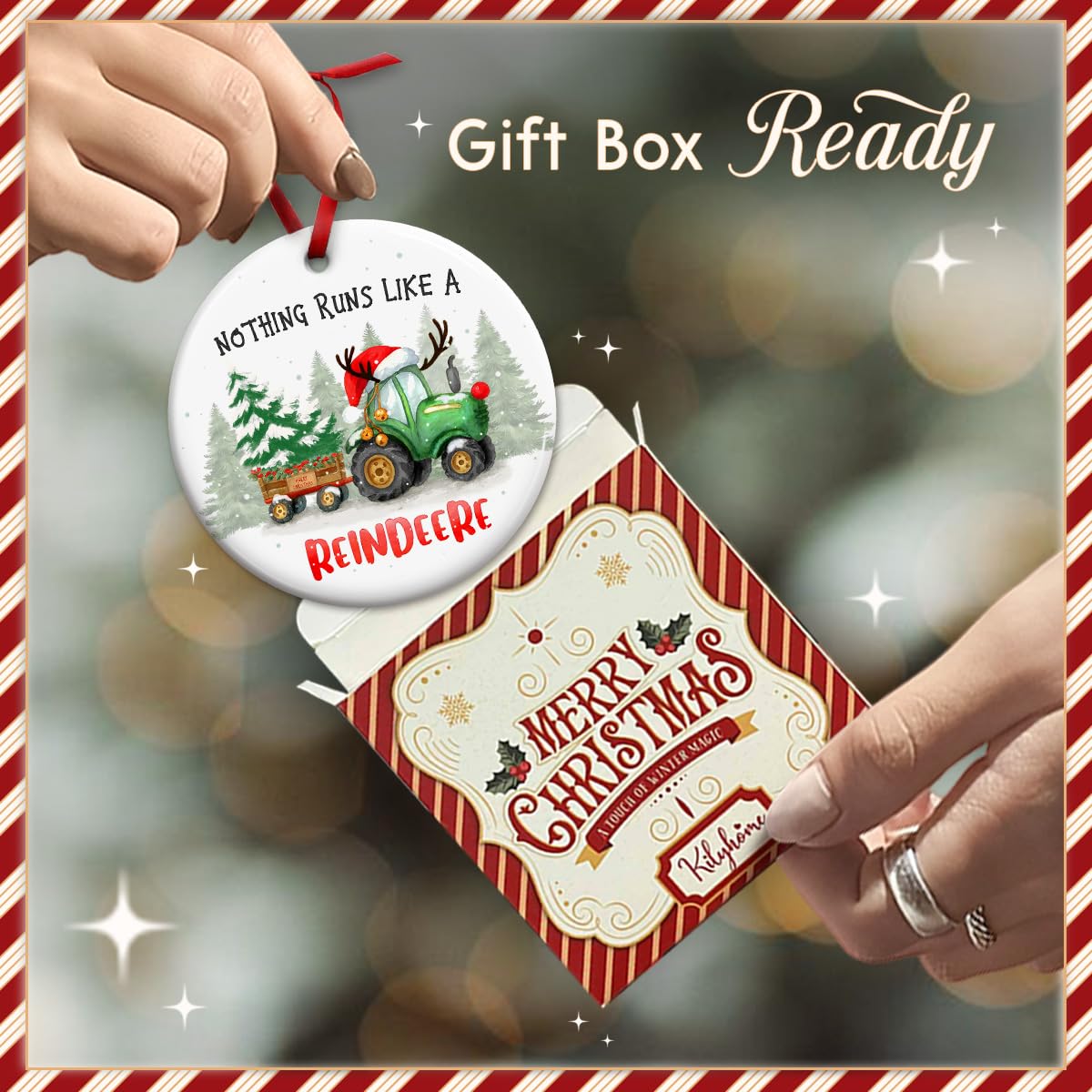 KILYHOME Funny Tractor Reindeer Christmas Ornament – “Nothing Runs Like Reindeere” Farmhouse Rustic Holiday Decor, Keepsakes & Gifts for Deer Lovers – Christmas Tree Decoration, Xmas Gift for Farmers