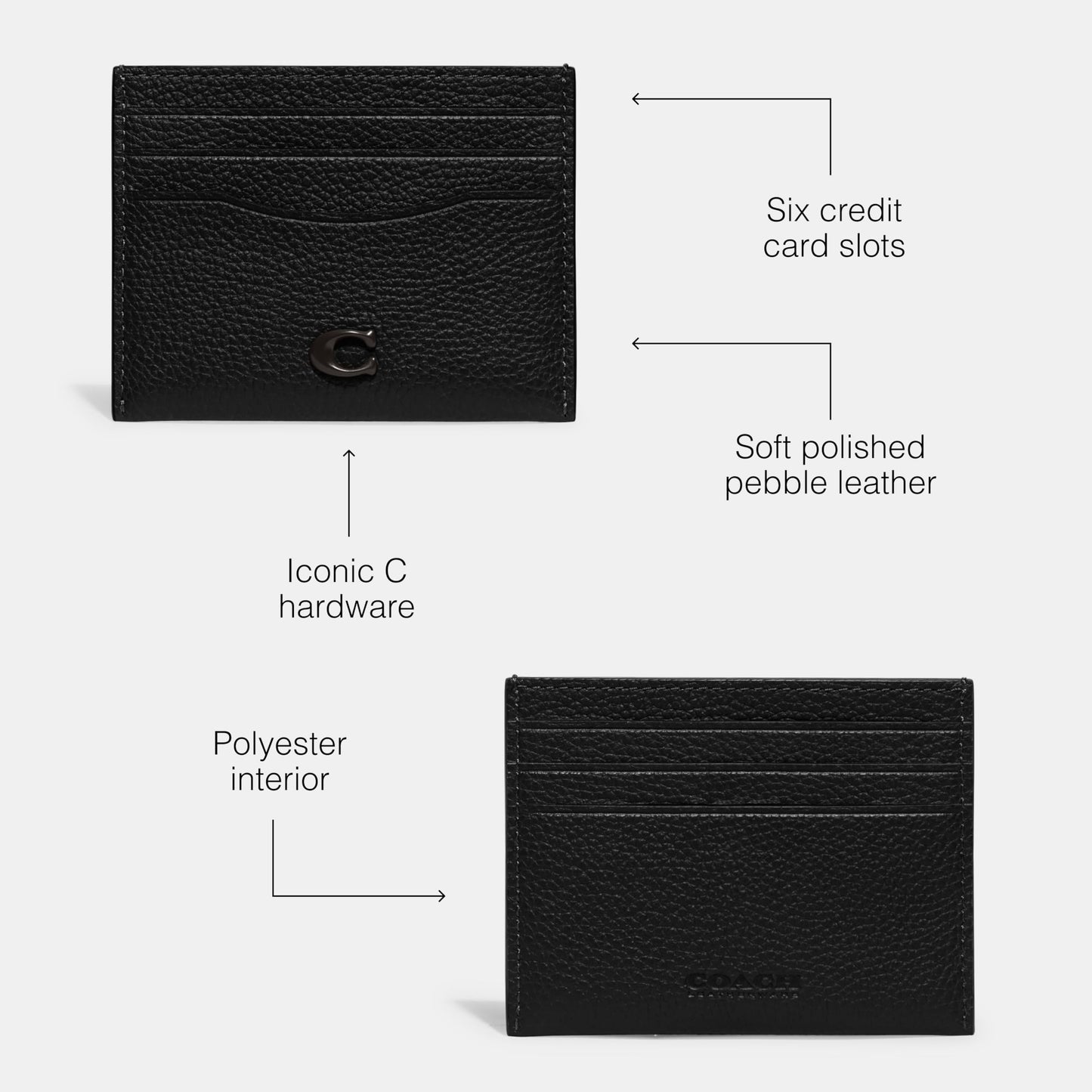COACH Flat Card Case in Pebble Leather w/Sculpted C Hardware Branding Black One Size