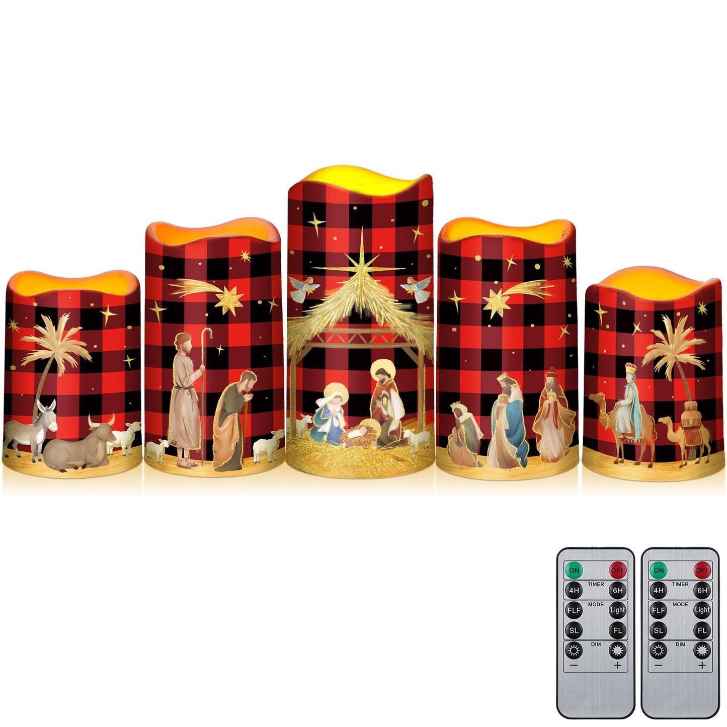 Glooglitter 5 Pcs Buffalo Plaid Nativity Scene Candles Flameless Christmas LED Pillar Jesus Religion Candles Battery Operated with Timer Remote for Xmas Christian Holiday Table Home Decor Church Party