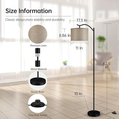 BoostArea Floor Lamp for Living Room,9W LED Arched Lamp,Tall Modern Standing with Fabric Linen Shade,3 Brightness Levels,E26 Socket,Footswitch,Mid Century Bedrooms,Office B1316