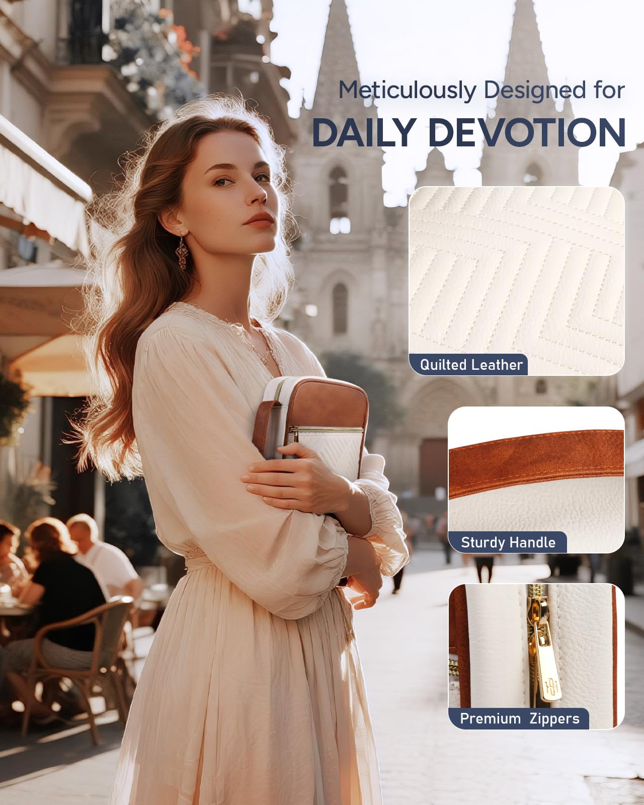 BellaHold Quilted Vegan Leather Bible Cover, Color-Blocked Bible Cover Case for Women, Bible Carrying Case with Handle, Bible Study Supplies & Christian Gift for Women and Girls (White & Brown, TS/S)