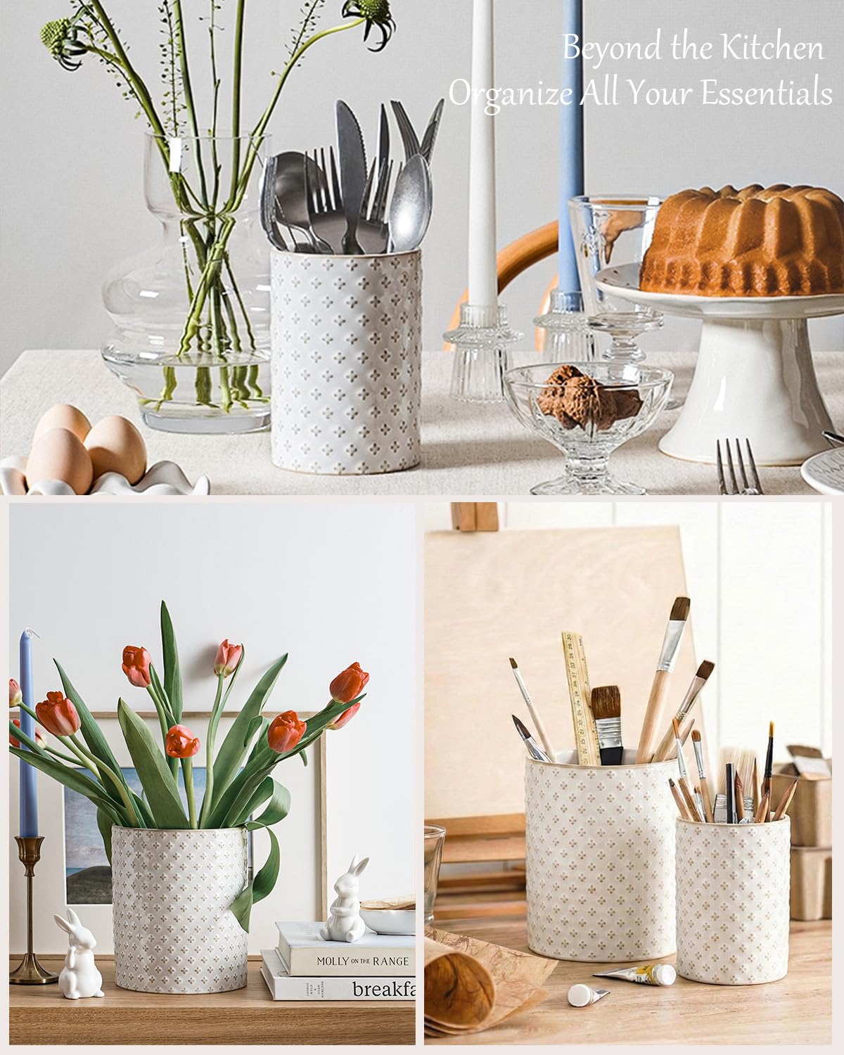 LE TAUCI Kitchen Utensil Holder for Countertop - 7.1"+5.4" Ceramic Utensil Crock Set of 2, Large Cooking Utensil Organizer for Spatula, Spoon, Whisk - Farmhouse Storage, Embossed, Clover