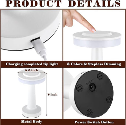 Riakrum Set of 2 LED Portable Cordless Table Lamp with Touch Sensor 3 Color Stepless Dimming Rechargeable Battery up to 15 Hours Cordless Table Light Wireless Lamp for Nursery(White,2 Pcs)