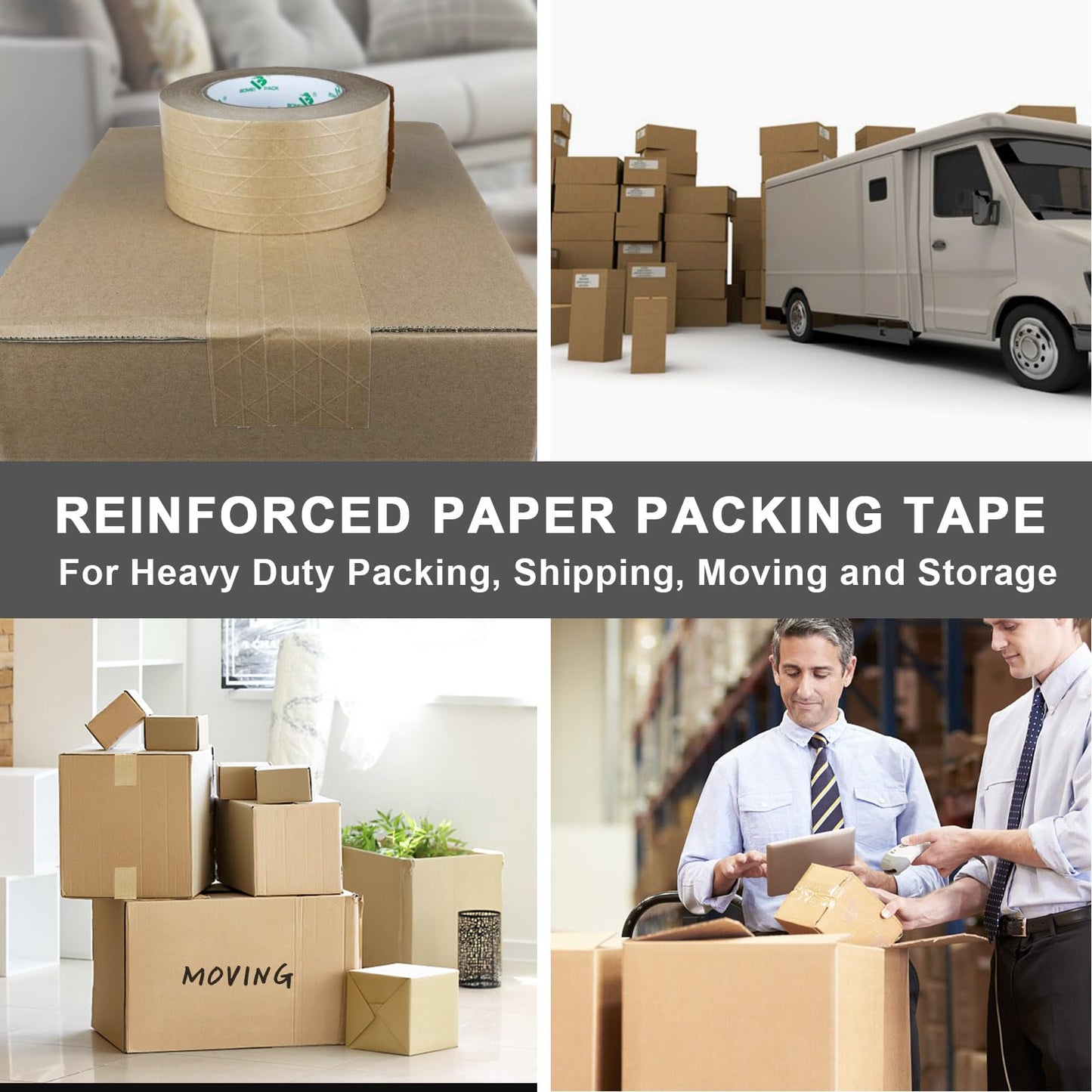 BOMEI PACK Wide Brown Reinforced Kraft Paper Packing Tape 3inch, 2Rolls Self Adhesive Paper Gummed Packing Tape, for Heavy Duty Packaging, Shipping, Moving and Storage, 3InchX55yds