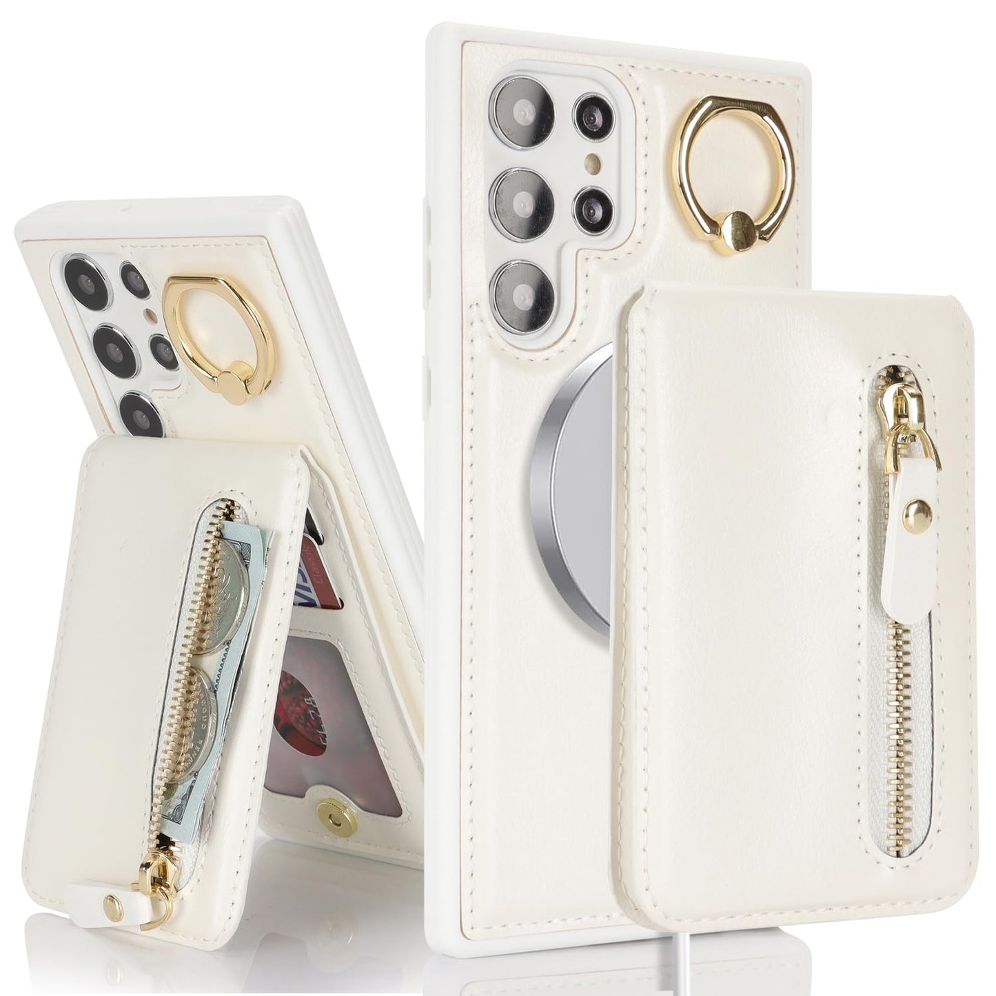 DEYHU for Samsung Galaxy S22 Ultra Phone case with Card Holder with Compatible magsafe Magnetic, Key Chain PU Leather Flip Kickstand Detachable 2-in-1 Wallet case Women Men-White