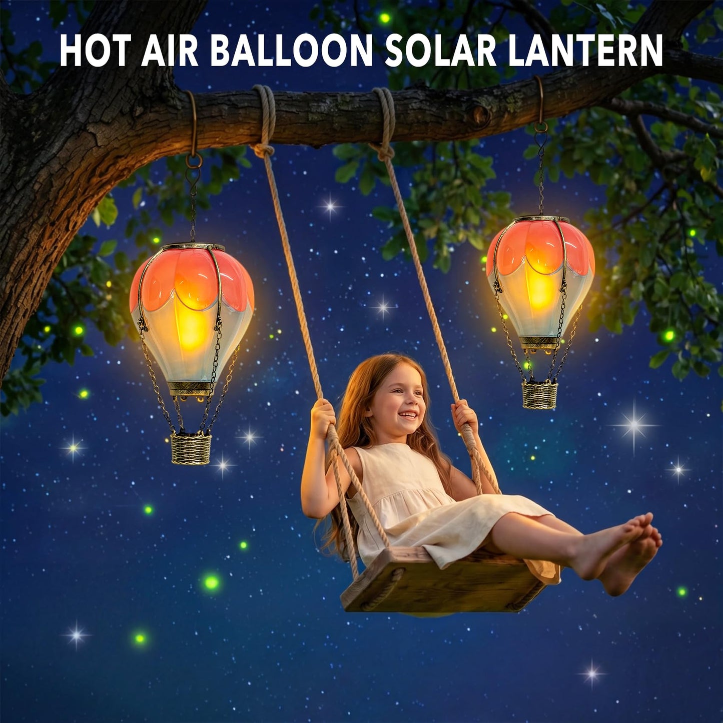 Hot Air Balloon Solar Lantern Outdoor Waterproof with Flickering Flame Light, Solar Powered Light for Garden Patio Yard Pathway Porch - Pink & Blue (1 Pack)