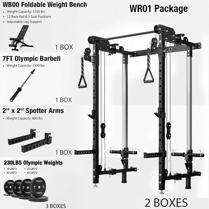 Mikolo Folding Squat Rack, Wall Mounted Power Rack with Cable Crossover Machine & LAT Pull Down, Functional Trainer with 5 Adjustable Function Modes, with Weights (Black)
