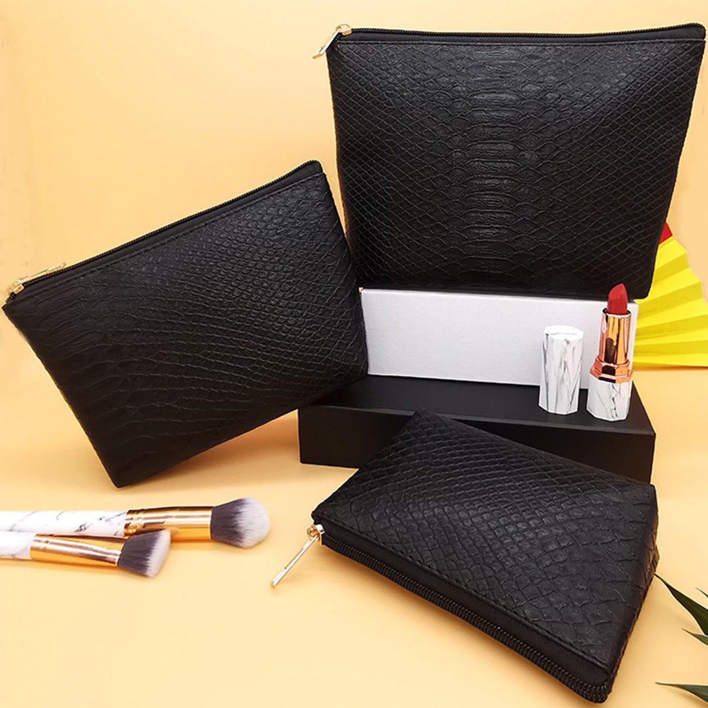 lllyan 3 Pcs Makeup Bag Set for Women Black Soft Leather Travel Cosmetic Bag Make Up Pouch Small Travel Zipper Pouch,Water-resistant Makeup Organizer Bag for Women（Black）