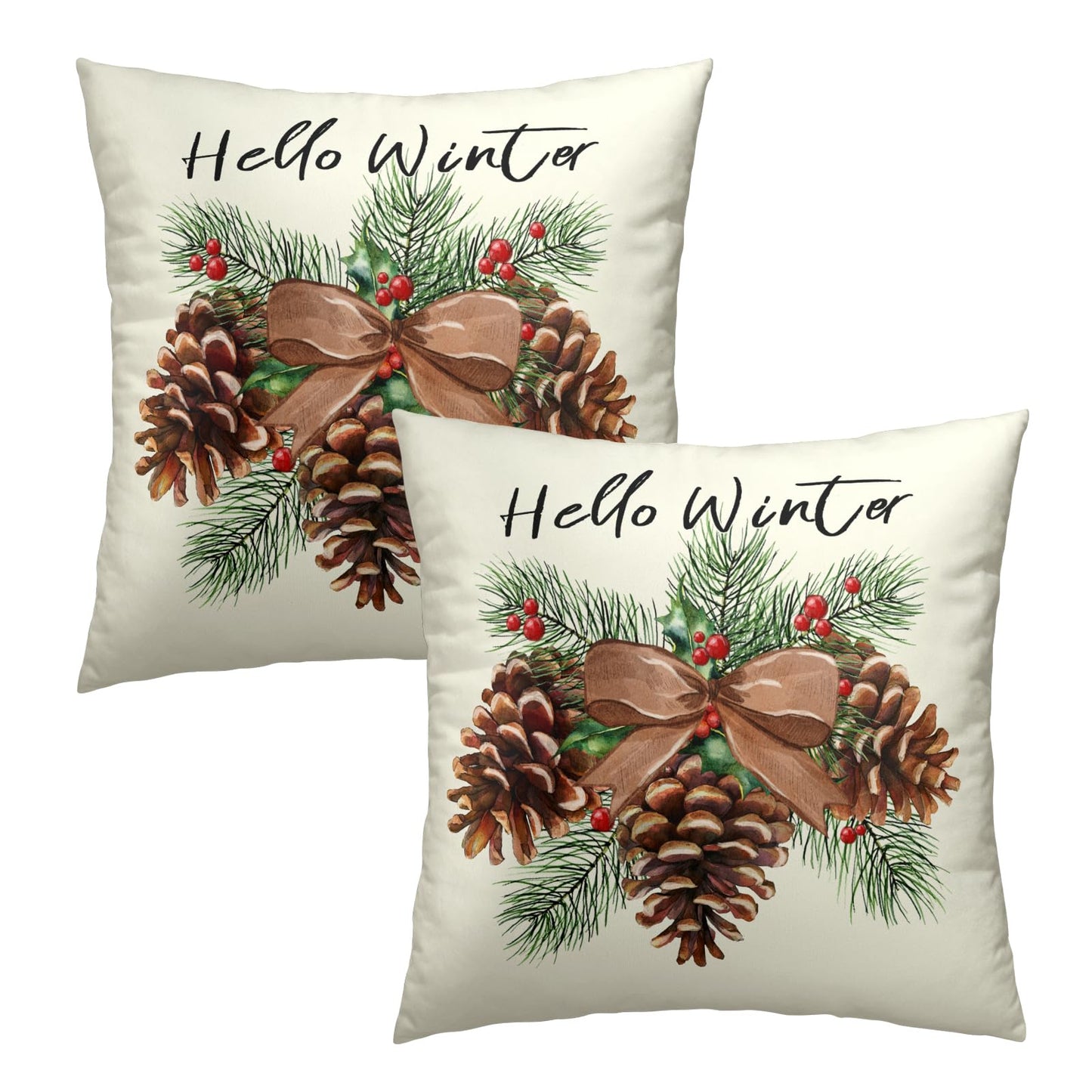 Winter Pinecone Pillowcase Set of 2 Pine Cone and Leaf Decor Throw Pillows Square 18x18 Inch Xmas Merry Christmas Holiday Winter Pillow Cushion Covers for Home Living Room Bed Sofa Outdoor Couch