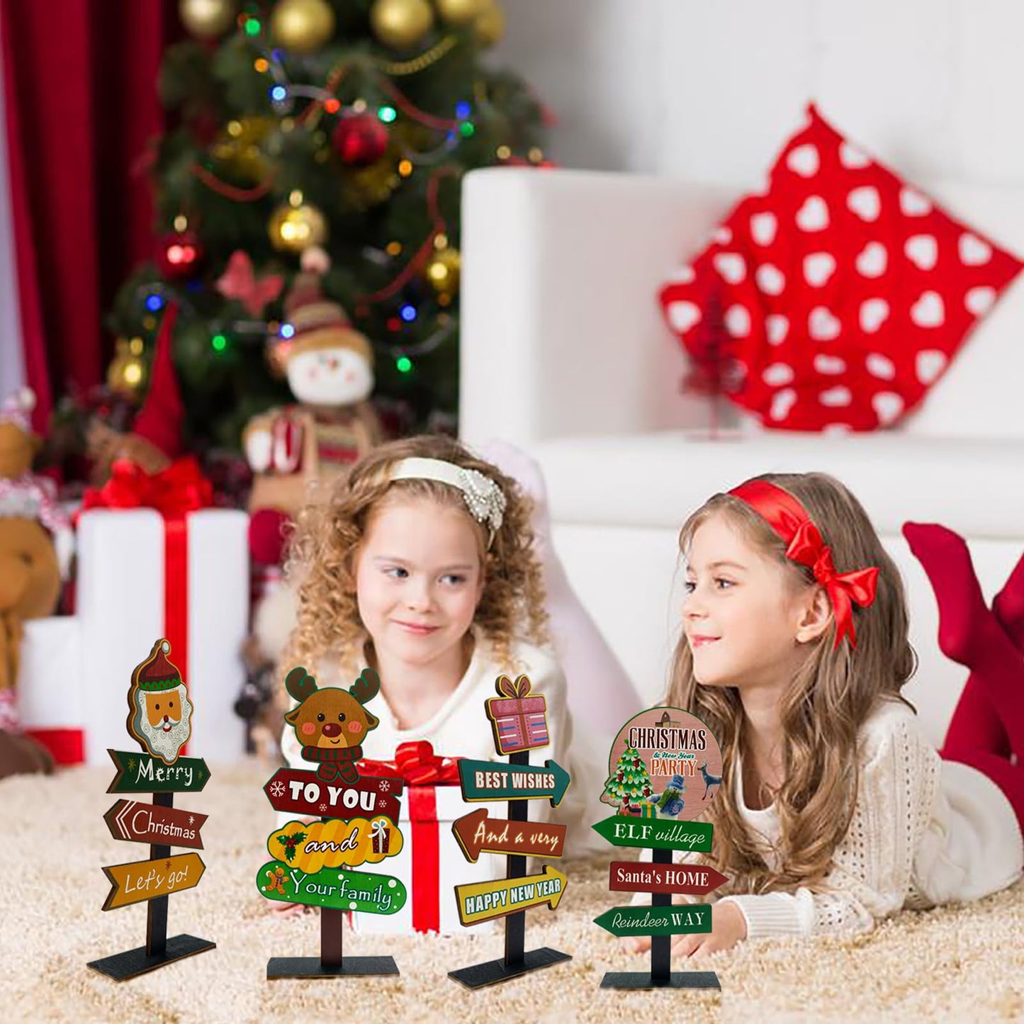 YvSuZeBuDa Christmas Table Decorations, 4 Piece Wooden Rectangular Sign Boards, Rustic Farmhouse Style, Polychrome, 8.86 x 4.72 Inches, Wall Mount with Twine, Cozy Theme