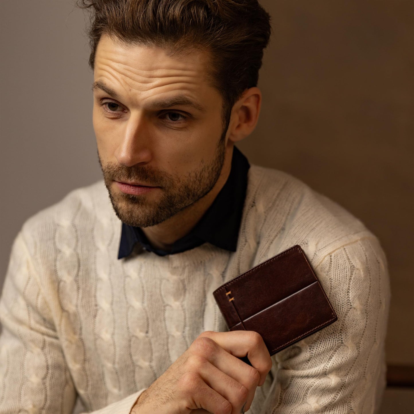 Time Resistance Leather Wallet – Italian Handmade Minimalist Design Wallet - Billfold Credit Card and Cash Holder (Brown)