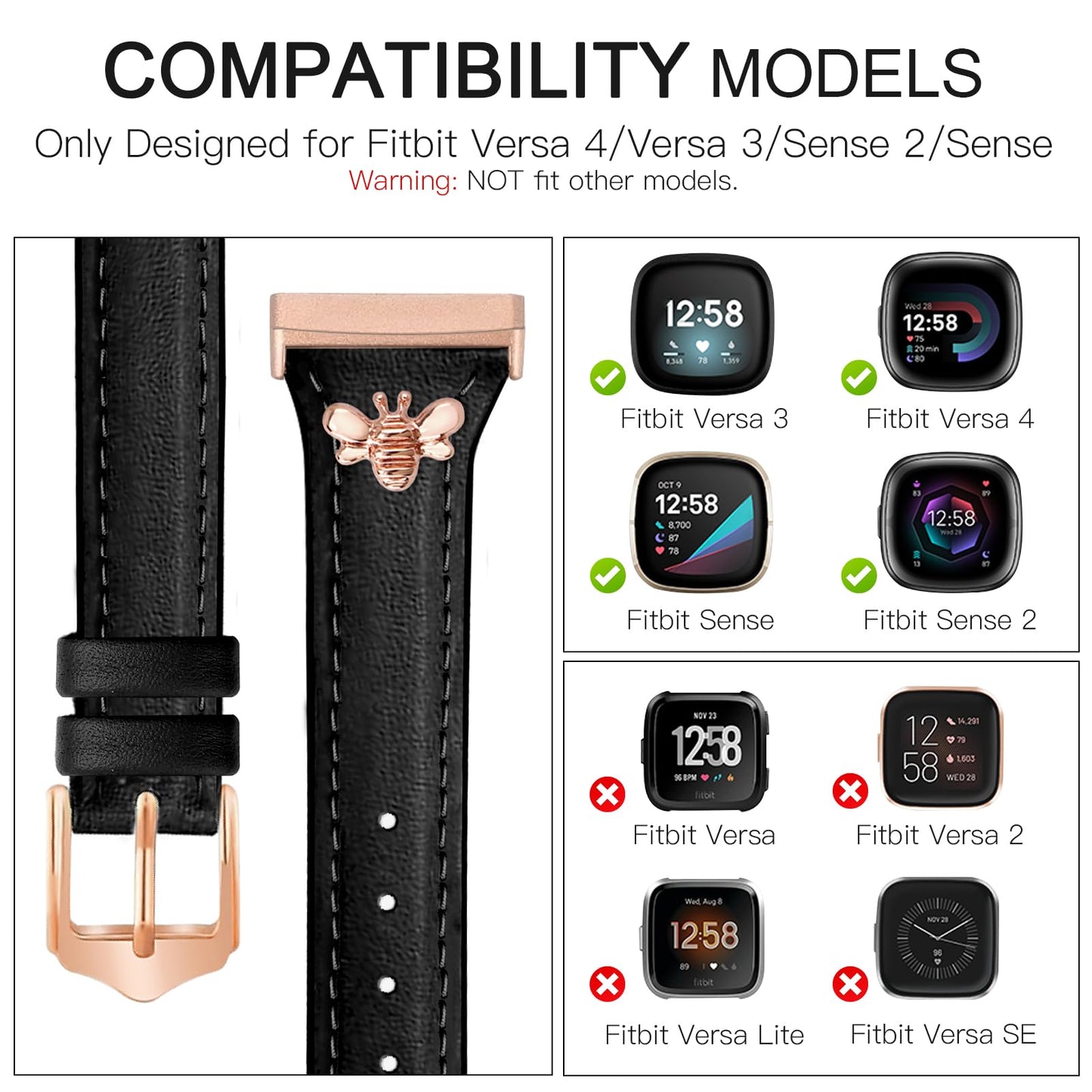 JR.DM Slim Leather Bands Compatible with Fitbit Versa 4/Versa 3/Sense 2/Sense Band, Top Genuine Soft Leather Band with Charms, Feminine Designer Strap for Fitbit Smartwatch, Black Rose Gold