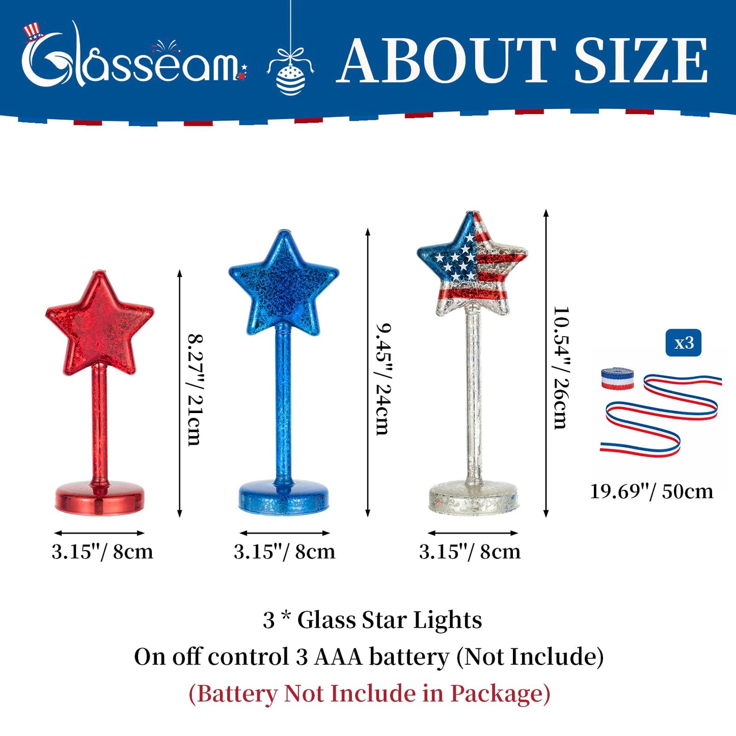 Glasseam 4th of July Decorations Centerpiece: 3PCS Memorial Day Decorations for Table Red White and Blue Lights with Timer Mercury Glass Patriotic American Flag Stars Lights for Home Party Ornaments