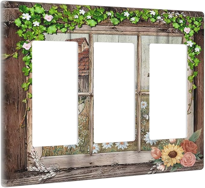 Farm Barn Farmhouse Rustic Country Flower Triple Rocker/Decora Wall Plate 3 Gang Light Switch Outlet Cover Plate Decorative Switchplate Electrical GFCI Faceplate for Kitchen Bathroom Decor