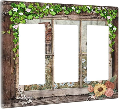 Farm Barn Farmhouse Rustic Country Flower Triple Rocker/Decora Wall Plate 3 Gang Light Switch Outlet Cover Plate Decorative Switchplate Electrical GFCI Faceplate for Kitchen Bathroom Decor