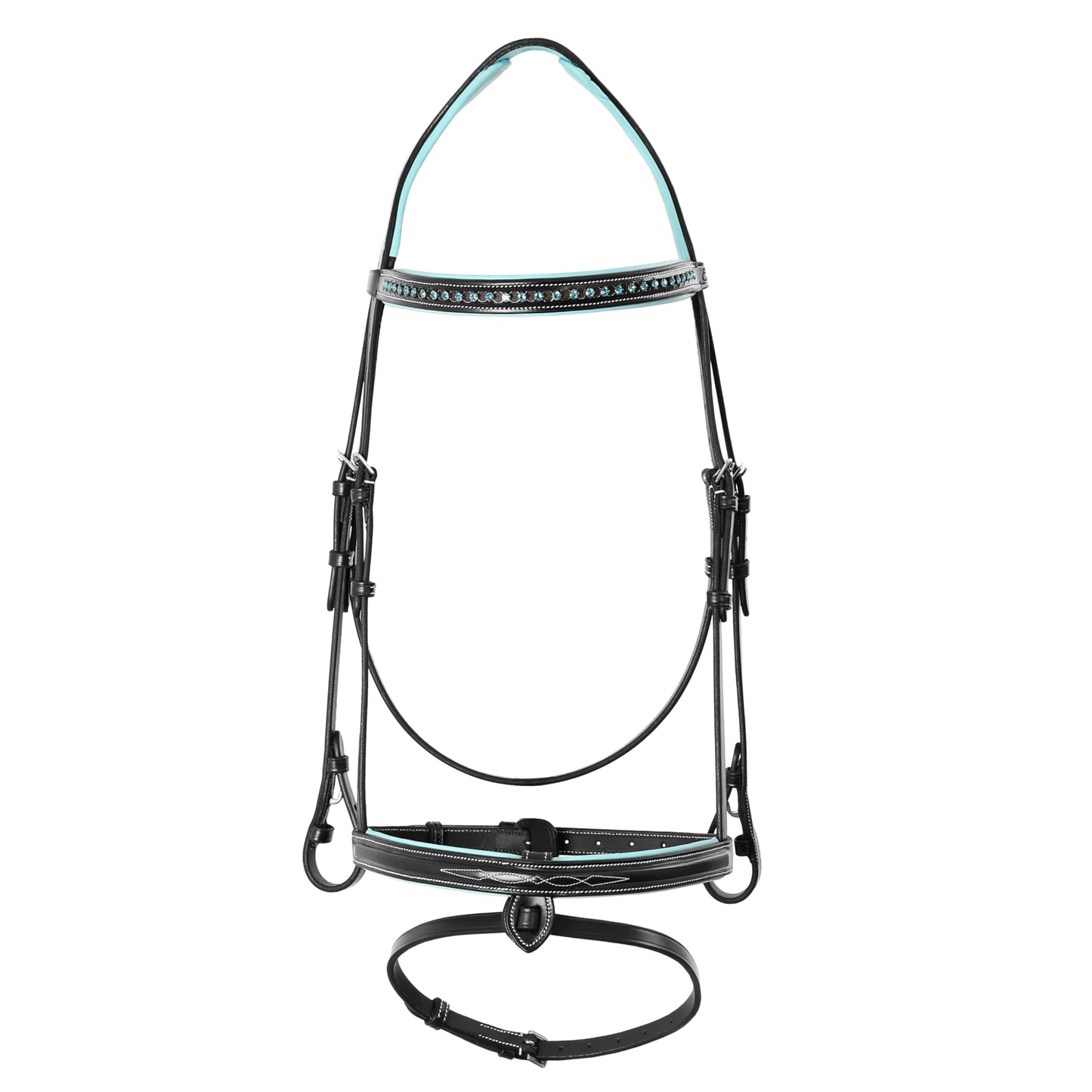 ExionPro Anatomical English Horse Bridle with Blue Crystal Bling Browband- Baby Blue Padded Jumping Bridle with Flash Noseband & Rubber Reins- Comfort Crown - Black or Havana Brown - Full