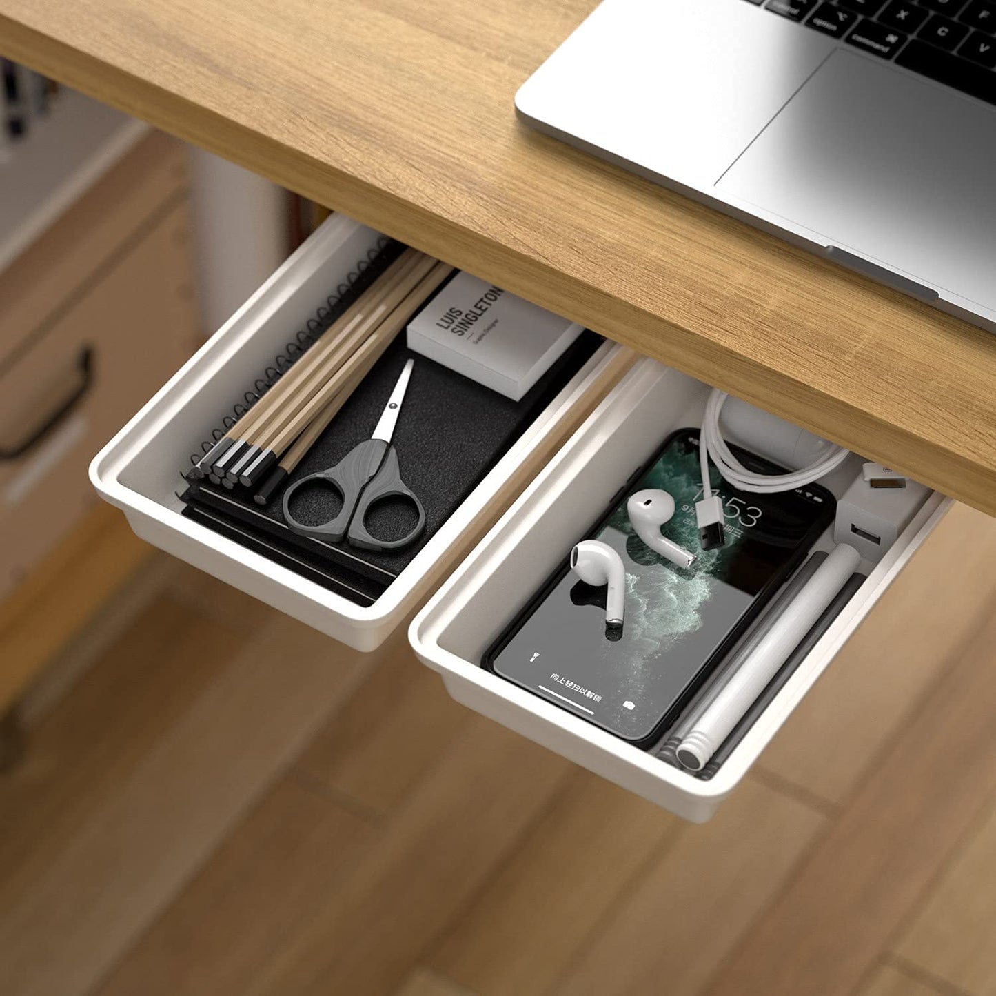 SVNNELP 2Pack Under Table Desk Drawer Storage Organizer Slide Out, Hidden Self-Adhesive Under Desktop Pencil Tray Drawer for Office,Classroom,Kitchen(S/white）